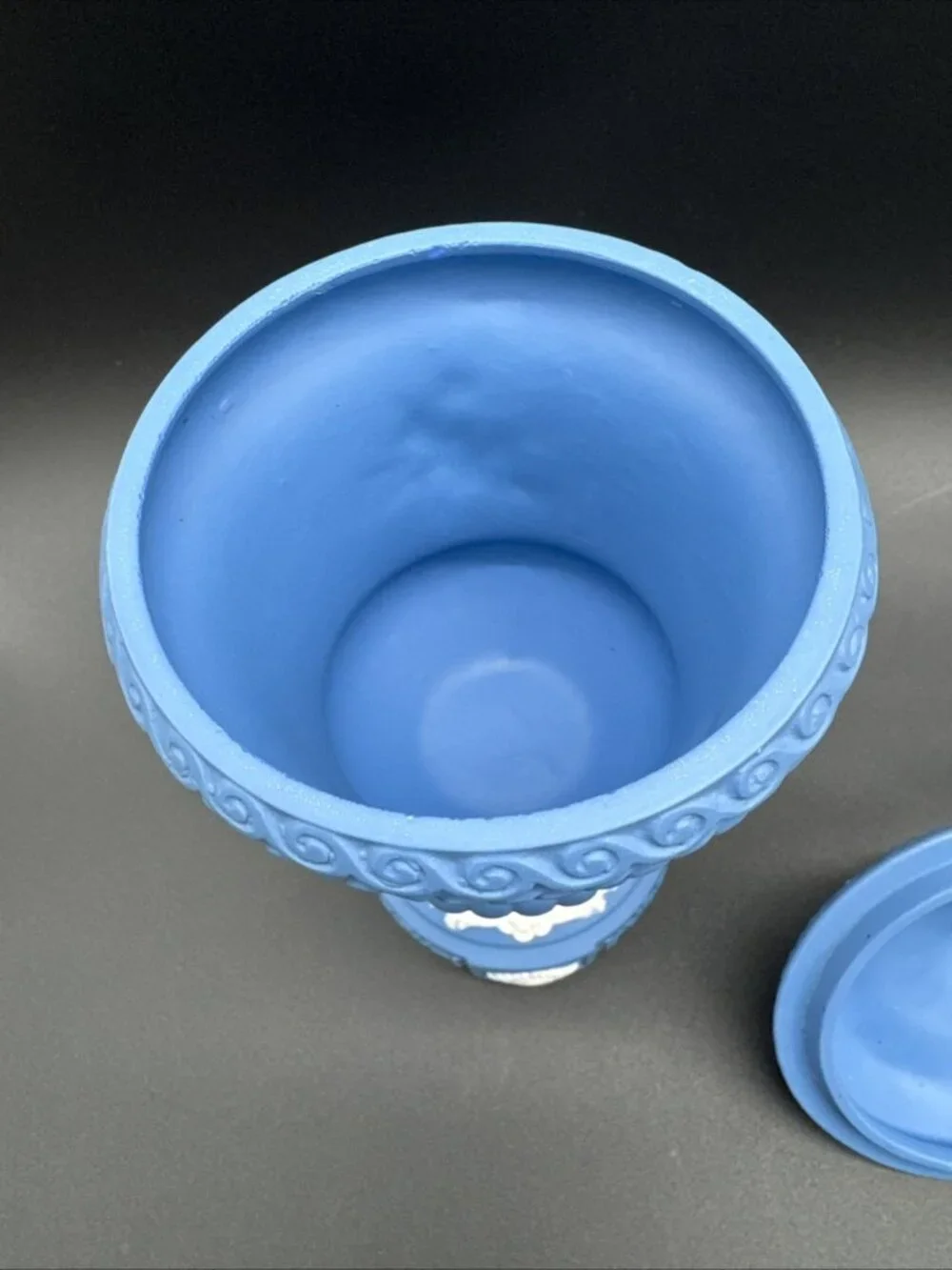 Vintage Blue Jasperware Style Ornate Cherub Floral Urn Apothecary 8”